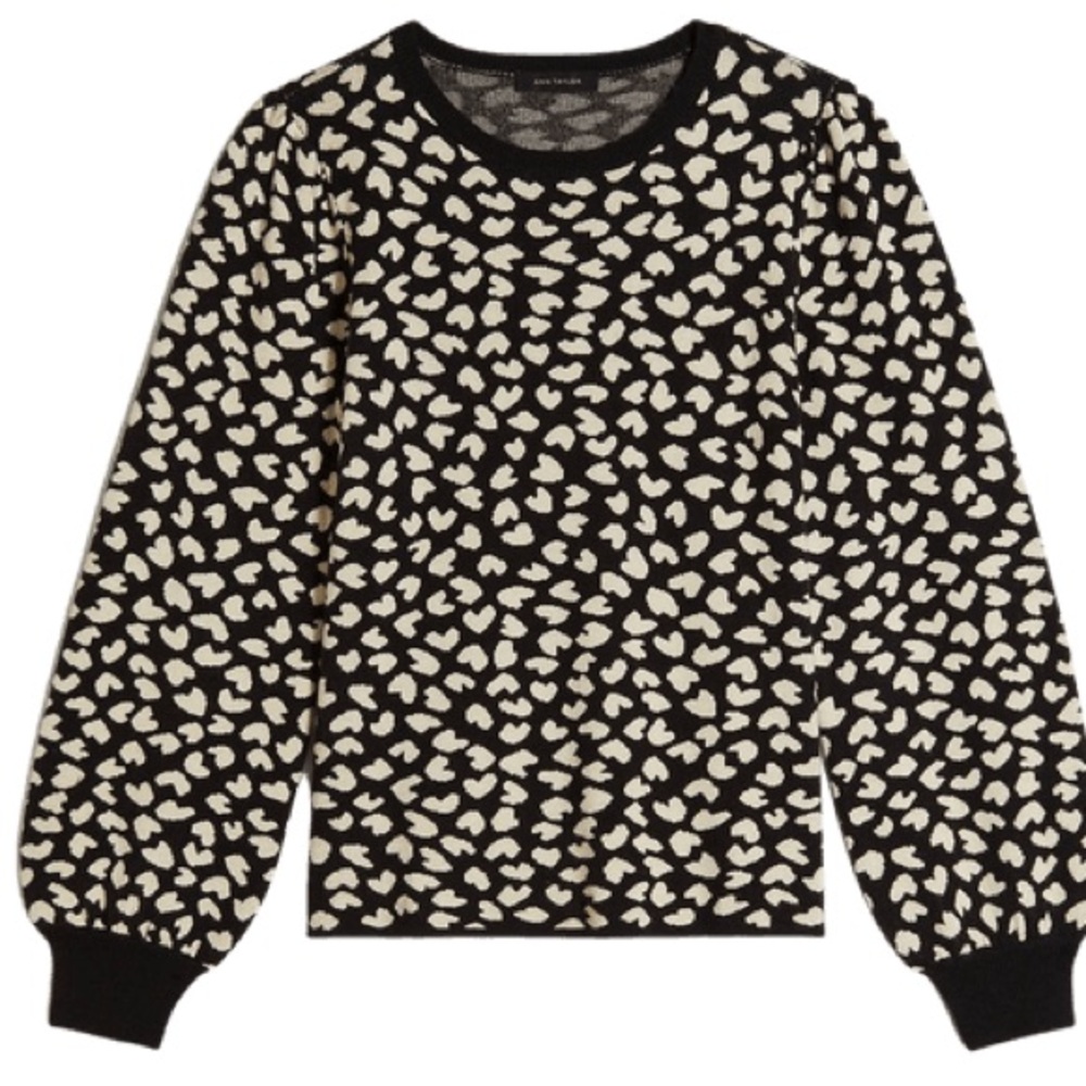 Ann Taylor puff sleeve black/tan jacquard heart sweater size small like new!